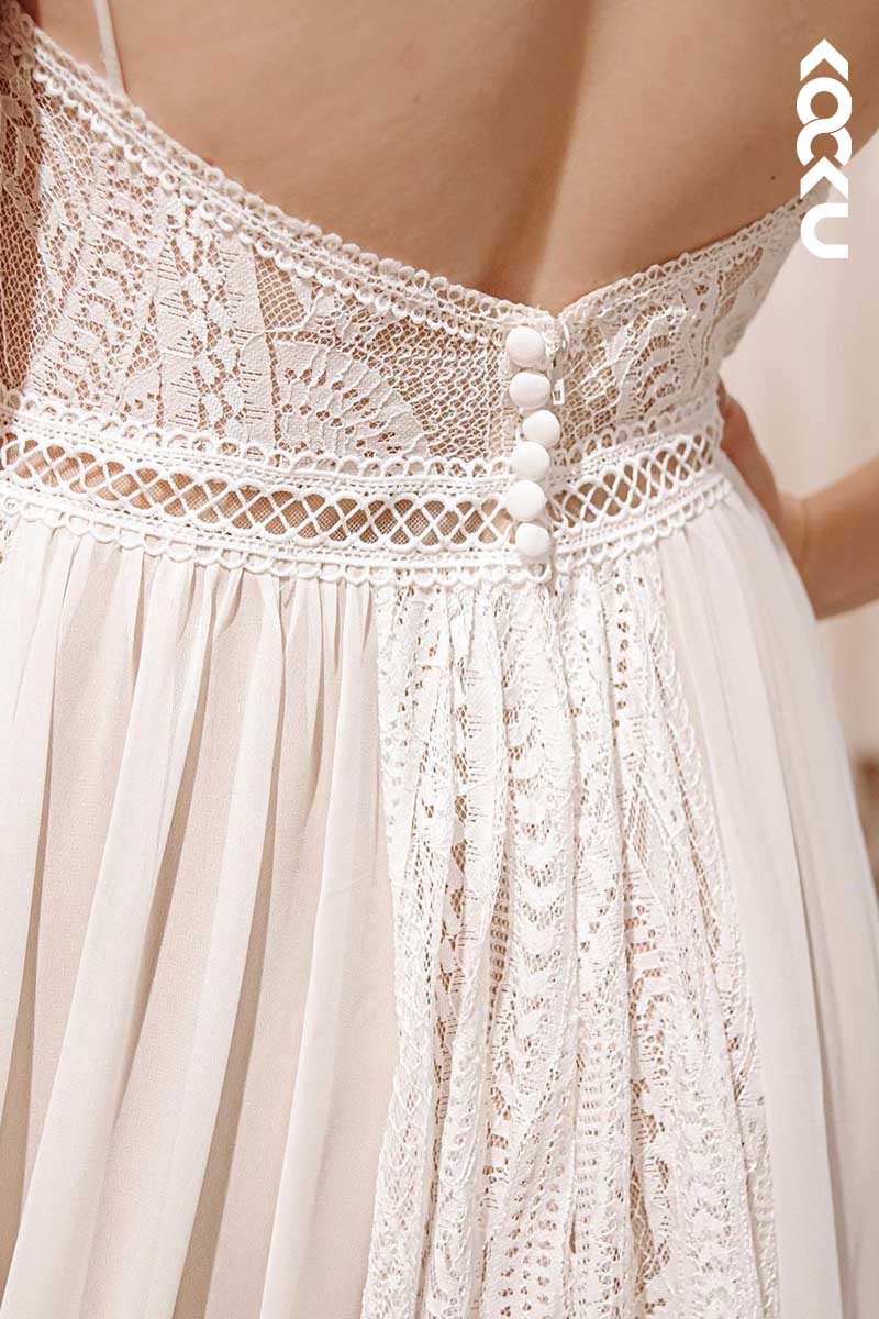 K1049 - Deep V-Neck Spaghetti Straps Backless Lace Wedding Dress