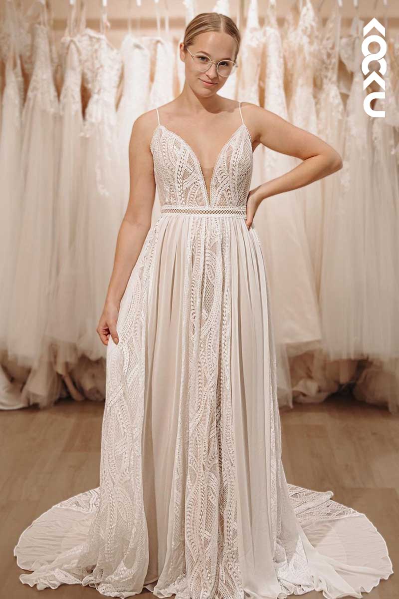 K1049 - Deep V-Neck Spaghetti Straps Backless Lace Wedding Dress