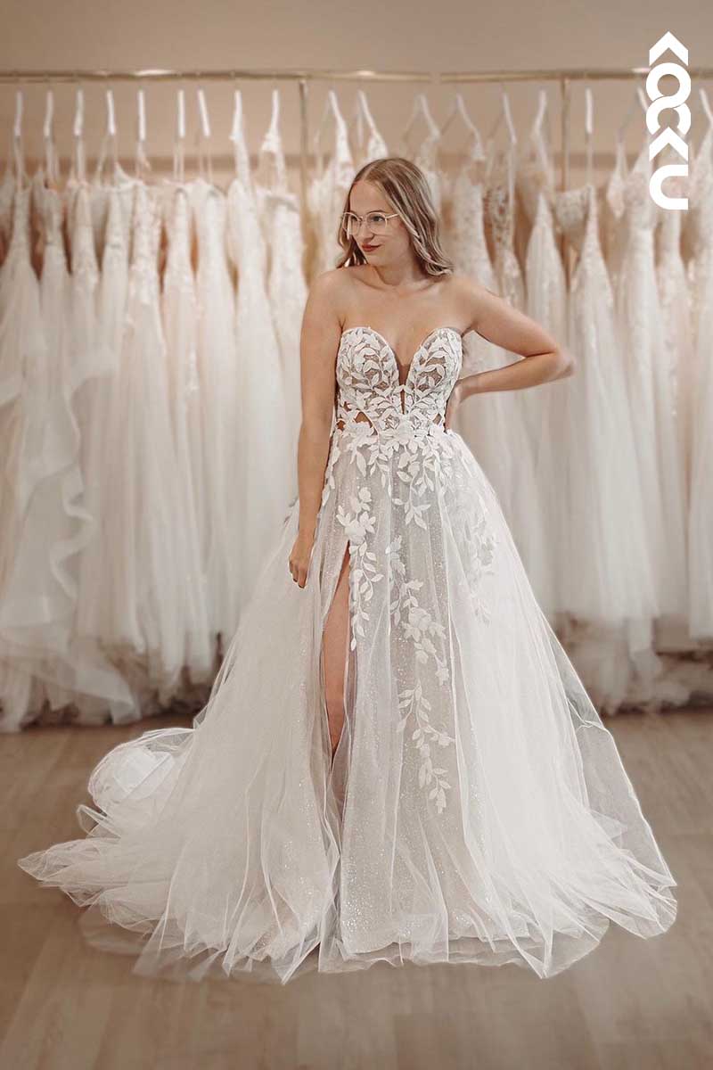 K1050 - Sweetheart Strapless Lace Appliqued Tulle Wedding Dress With Slit