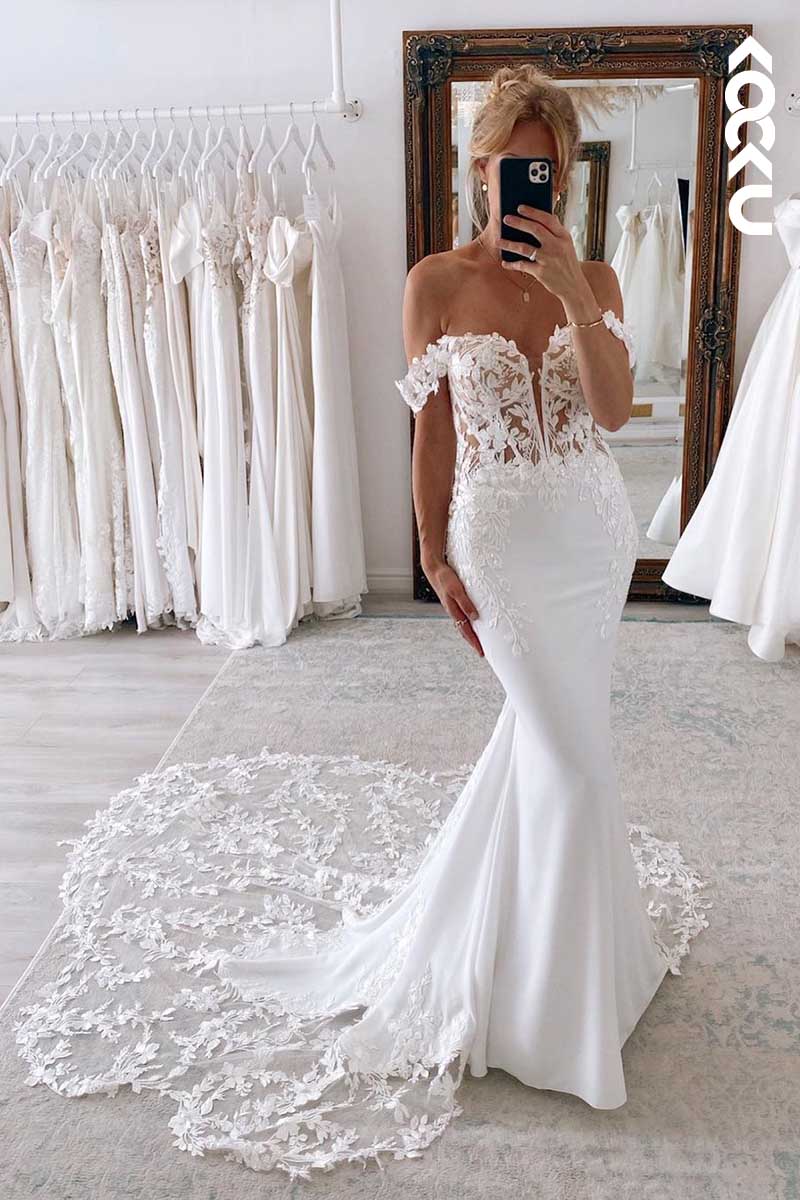 K1051 - Deep V-Neck Off-Shoulder Lace Appliqued Sheath Wedding Dress