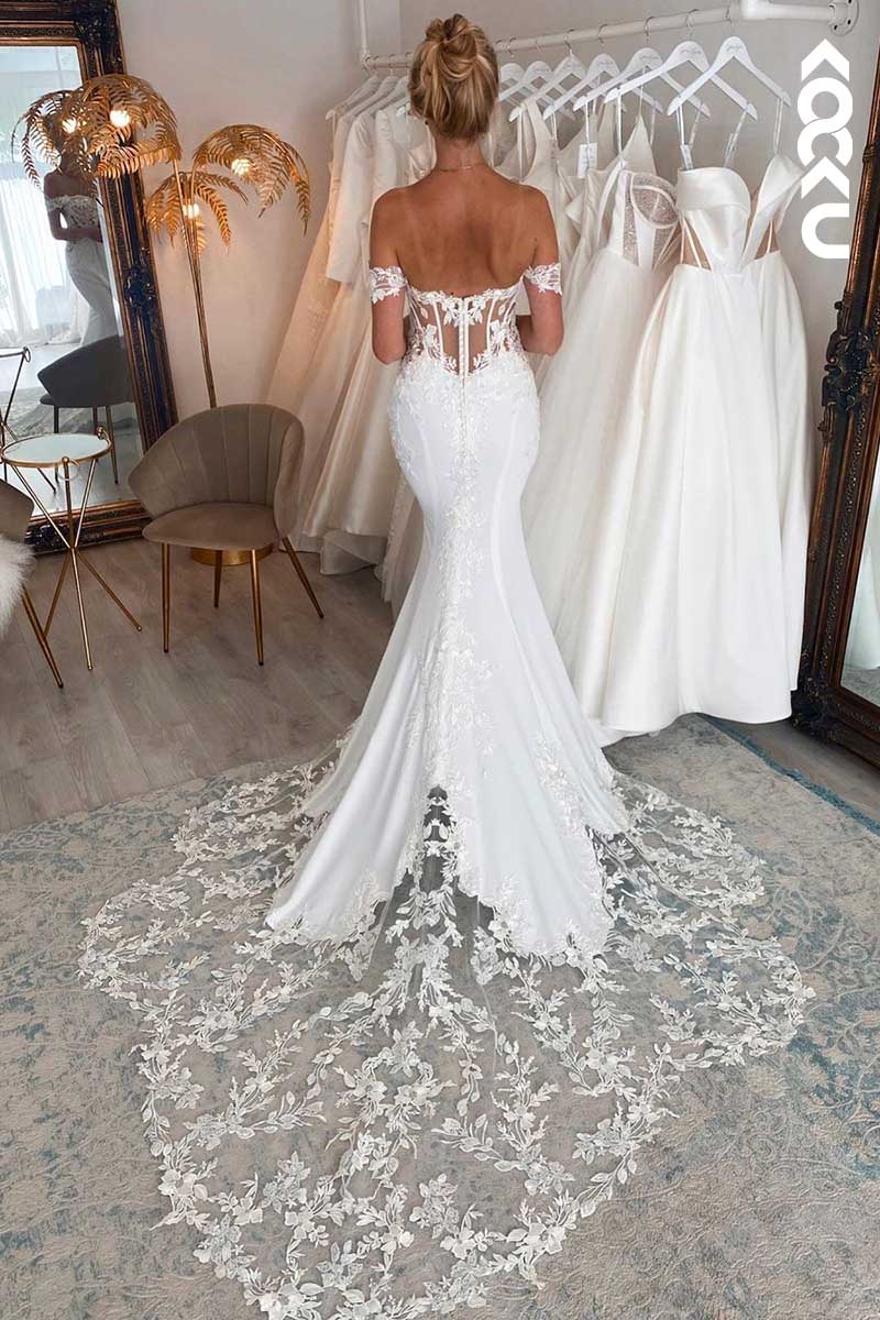 K1051 - Deep V-Neck Off-Shoulder Lace Appliqued Sheath Wedding Dress