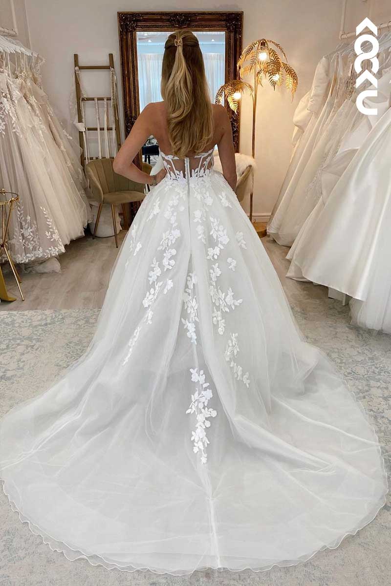 K1052 - Deep V-Neck Lace Appliqued Tulle A-Line Wedding Dress With Slit