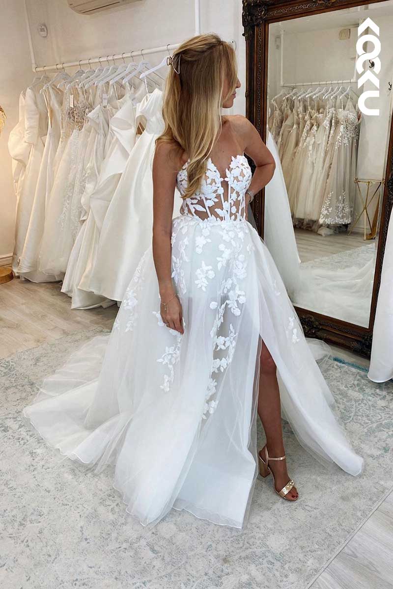 K1052 - Deep V-Neck Lace Appliqued Tulle A-Line Wedding Dress With Slit