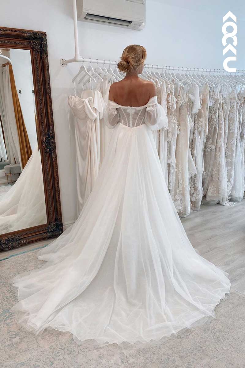 K1053 - Deep V-Neck Strapless Tulle Pleated A-Line Wedding Dress With Slit