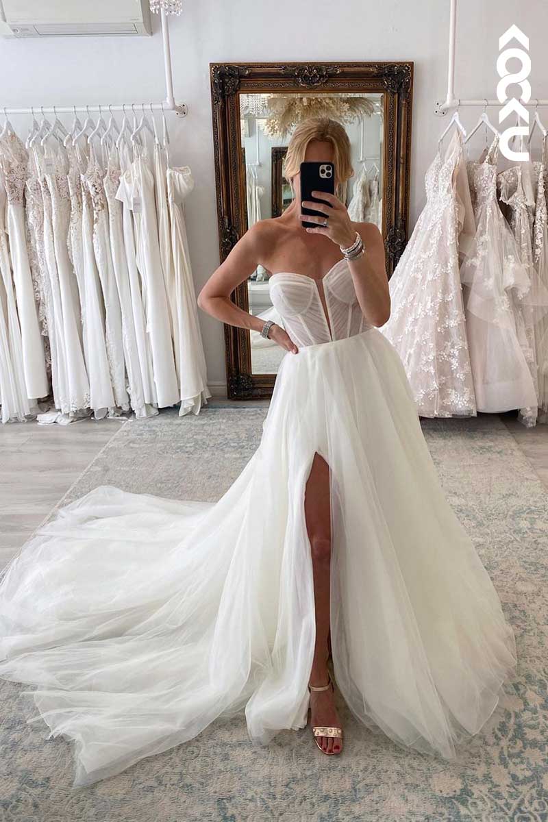 K1053 - Deep V-Neck Strapless Tulle Pleated A-Line Wedding Dress With Slit