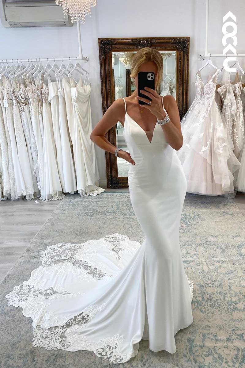 K1055 - V-Neck Spaghetti Straps Backless Lace Satin Wedding Dress