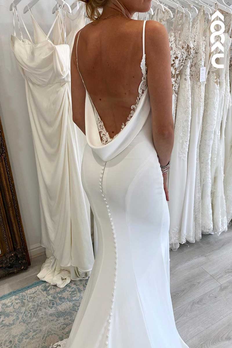 K1055 - V-Neck Spaghetti Straps Backless Lace Satin Wedding Dress