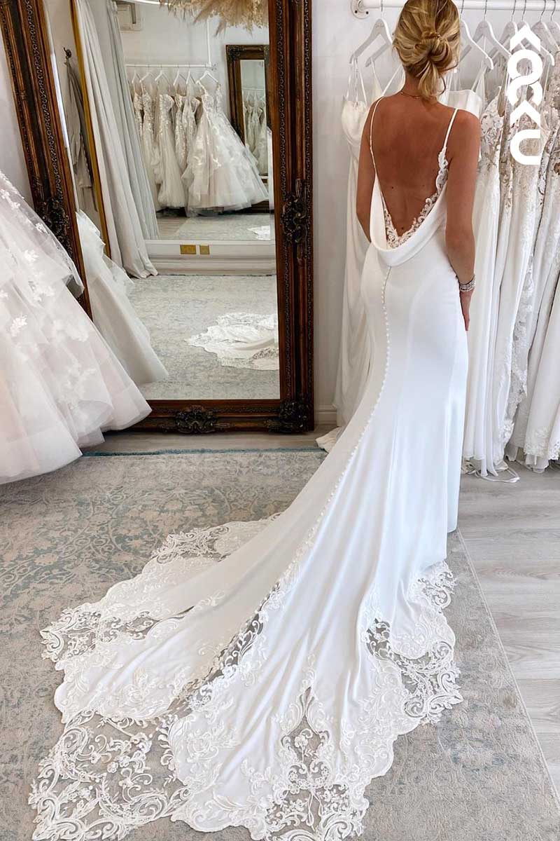 K1055 - V-Neck Spaghetti Straps Backless Lace Satin Wedding Dress