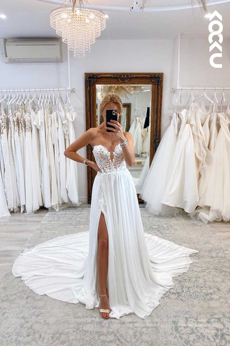 K1057 - Deep V-Neck Strapless Lace Appliqued A-Line Wedding Dress With Slit