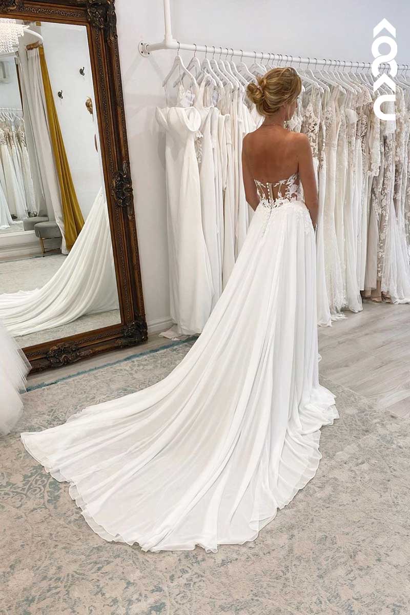 K1057 - Deep V-Neck Strapless Lace Appliqued A-Line Wedding Dress With Slit