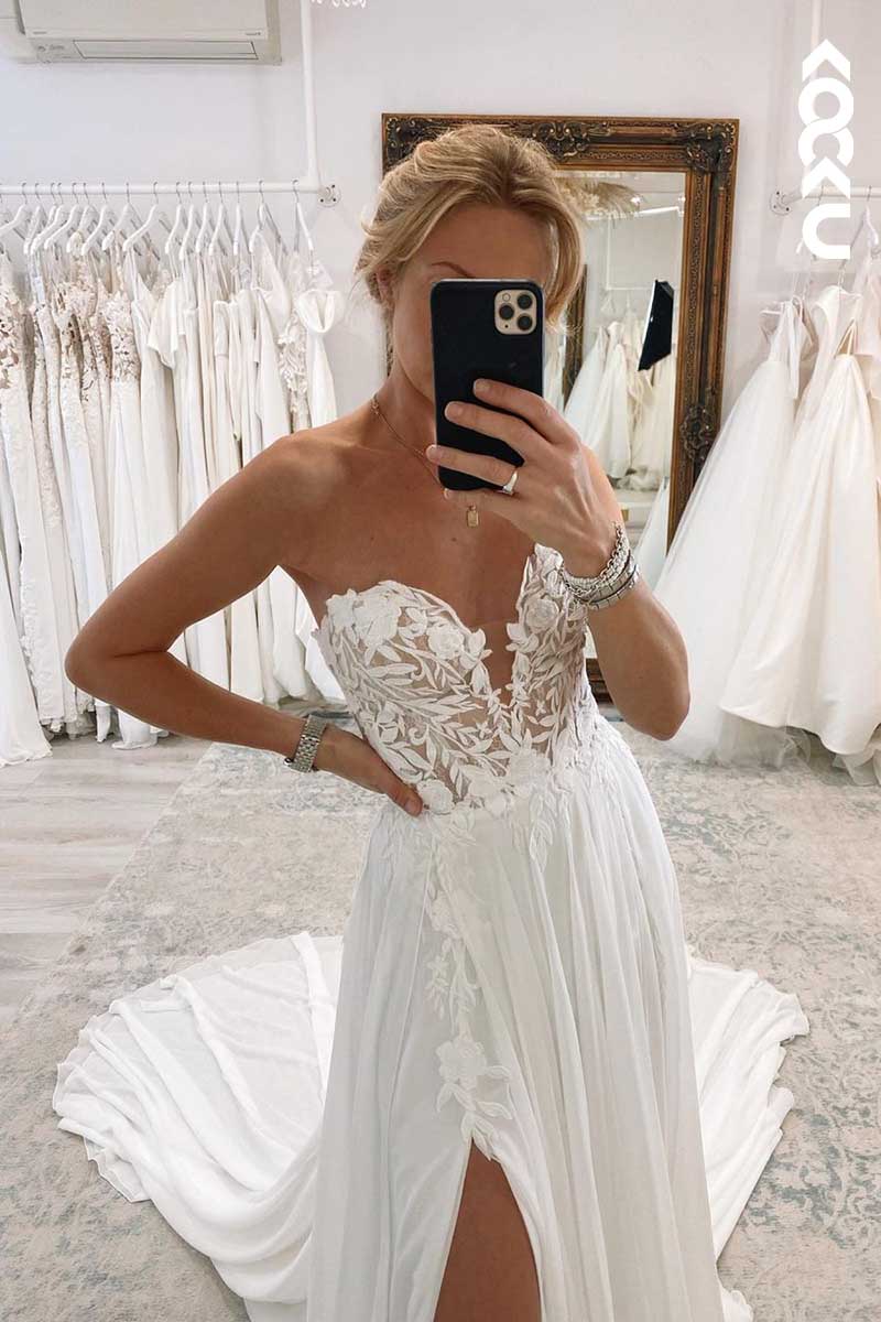 K1057 - Deep V-Neck Strapless Lace Appliqued A-Line Wedding Dress With Slit