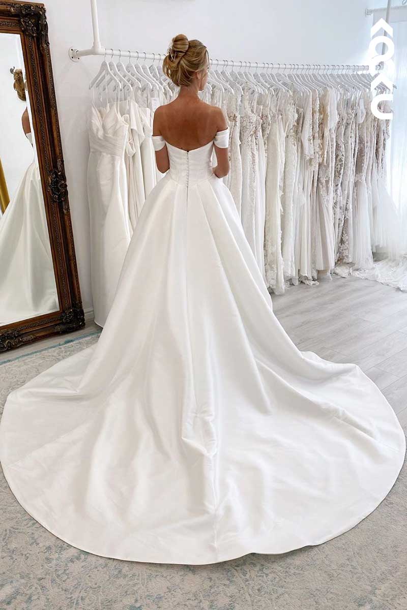 K1058 - Bateau Off-Shoulder Satin A-Line Wedding Dress With Sweep Train