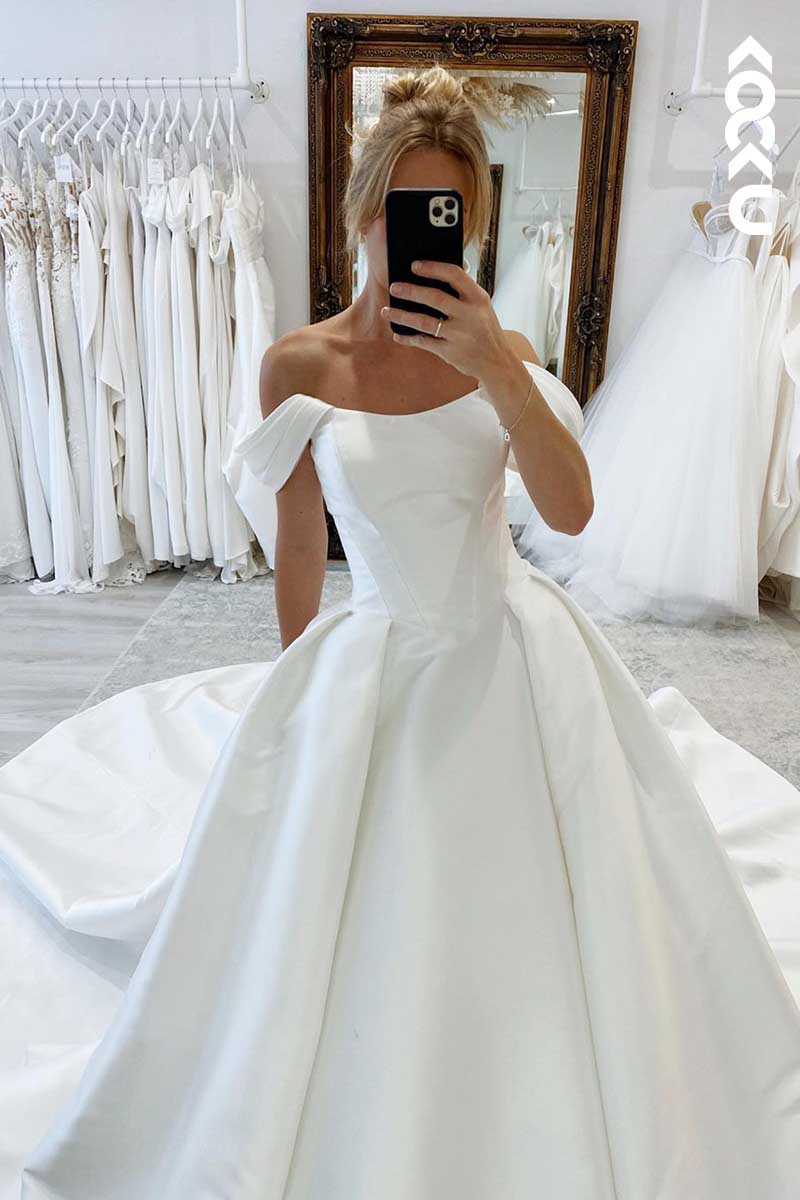 K1058 - Bateau Off-Shoulder Satin A-Line Wedding Dress With Sweep Train