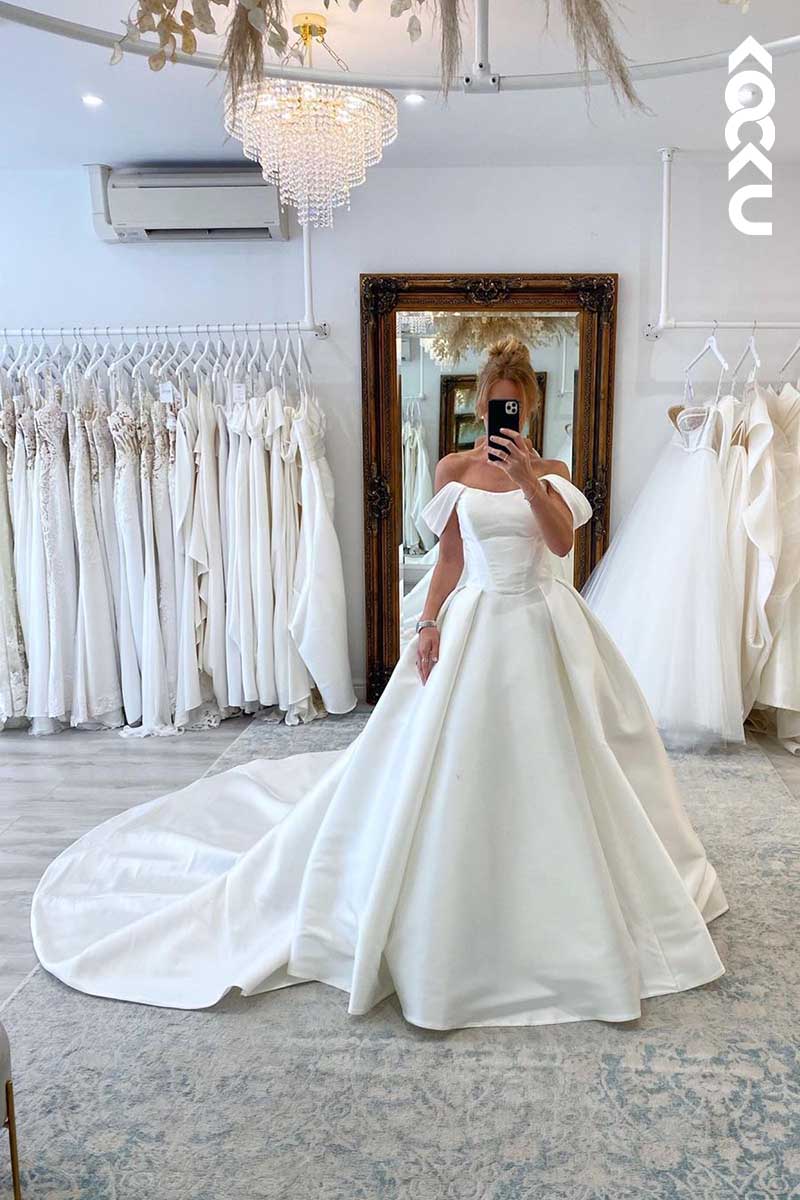 K1058 - Bateau Off-Shoulder Satin A-Line Wedding Dress With Sweep Train