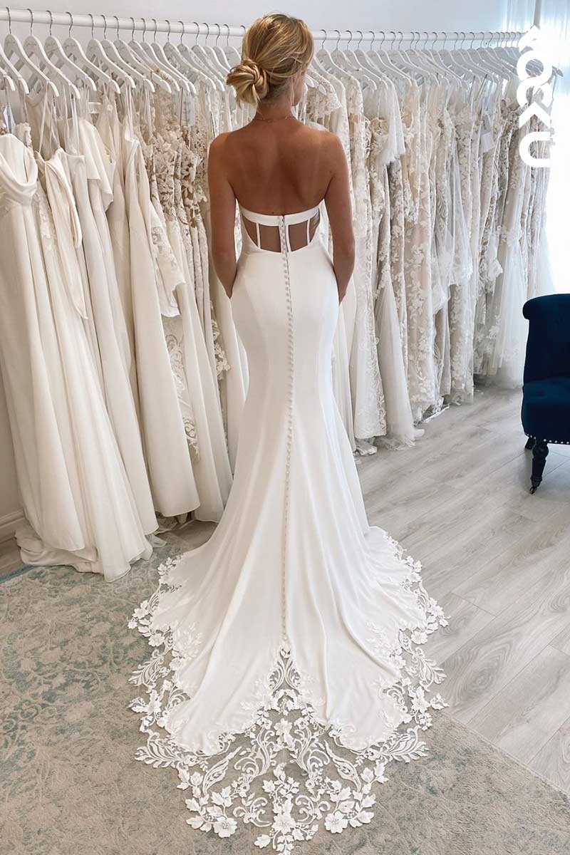 K1059 - V-Neck Off-Shoulder Cut Outs Sheath Wedding Dress With Sweep Train