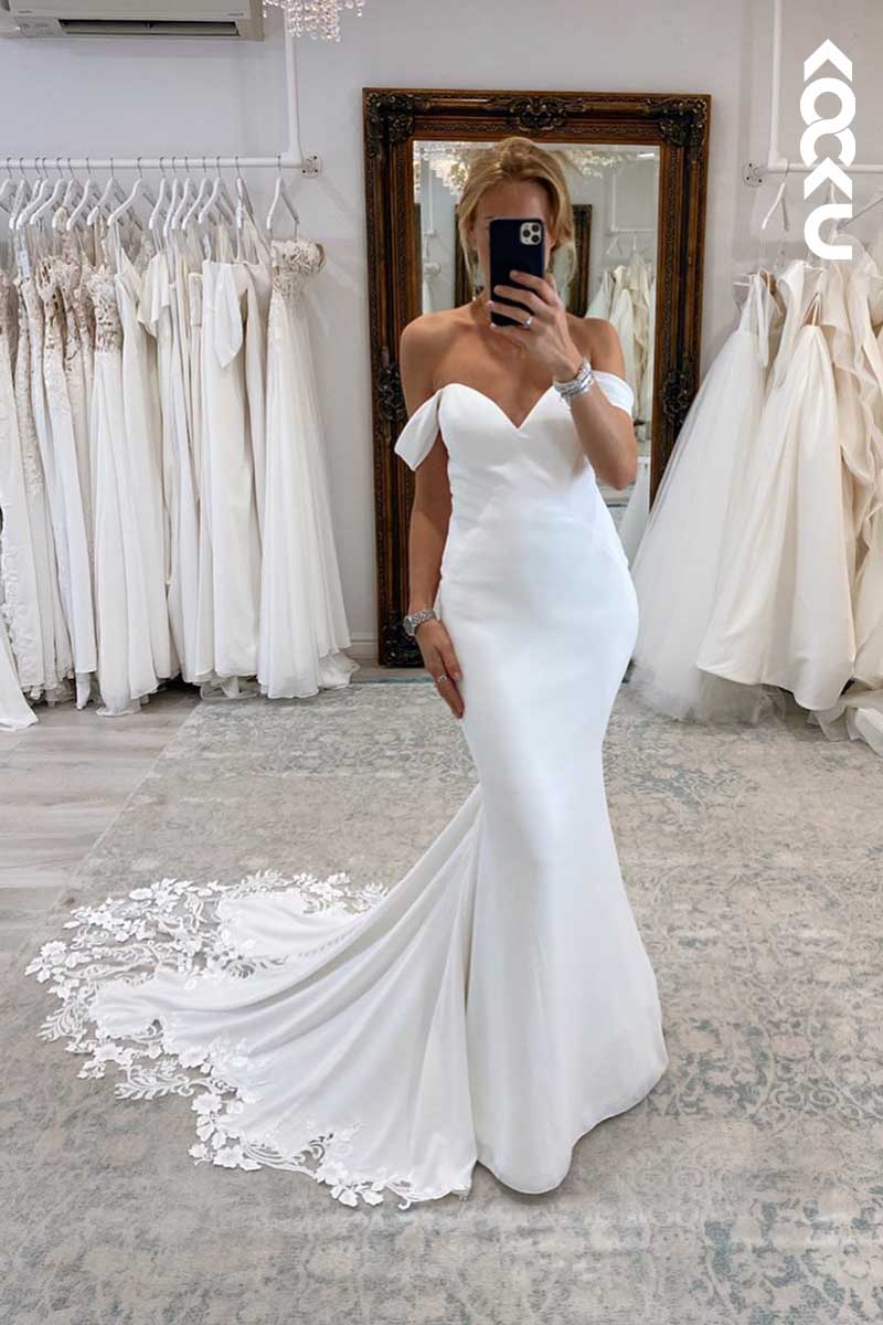 K1059 - V-Neck Off-Shoulder Cut Outs Sheath Wedding Dress With Sweep Train