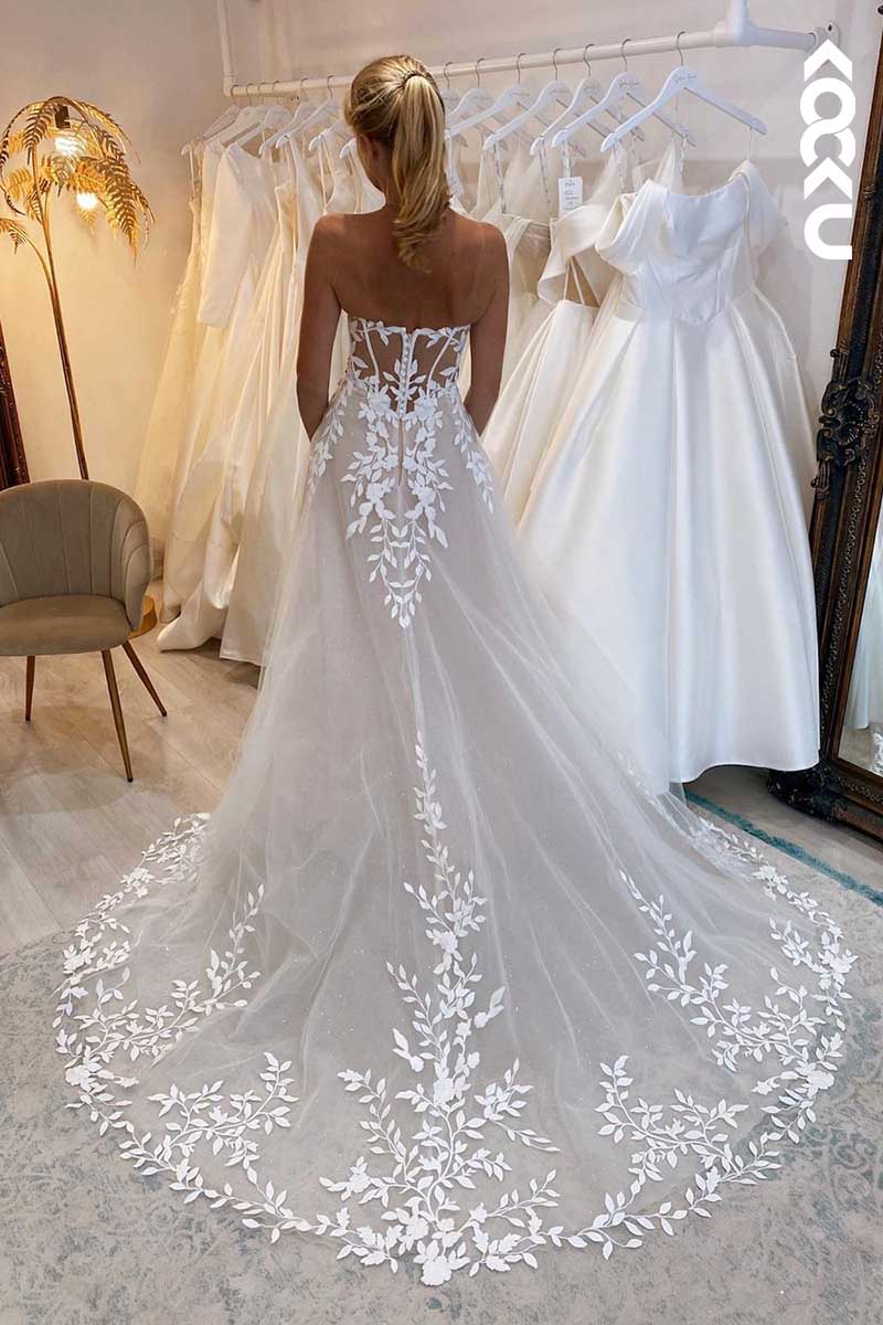 K1060 - Deep V-Neck Off-Shoulder Lace Appliqued Tulle A-Line Wedding Dress