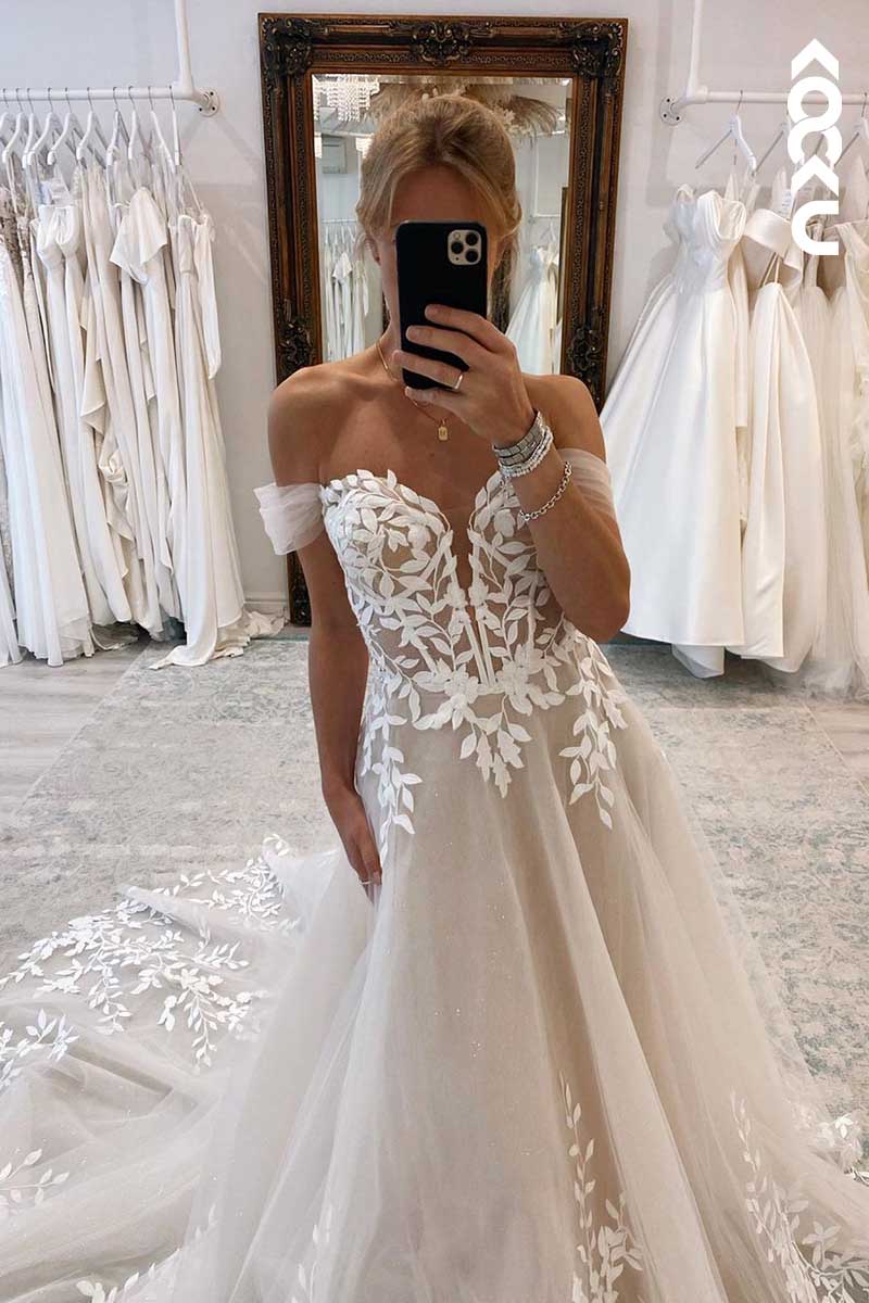 K1060 - Deep V-Neck Off-Shoulder Lace Appliqued Tulle A-Line Wedding Dress