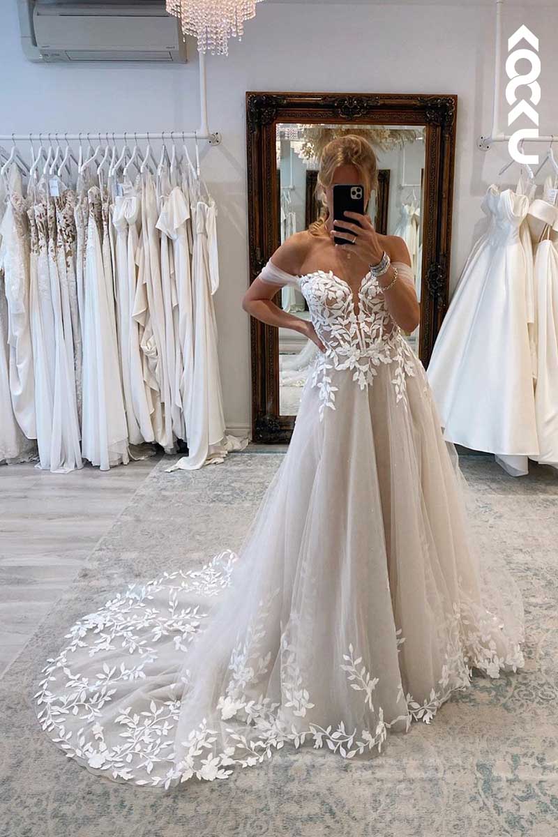 K1060 - Deep V-Neck Off-Shoulder Lace Appliqued Tulle A-Line Wedding Dress