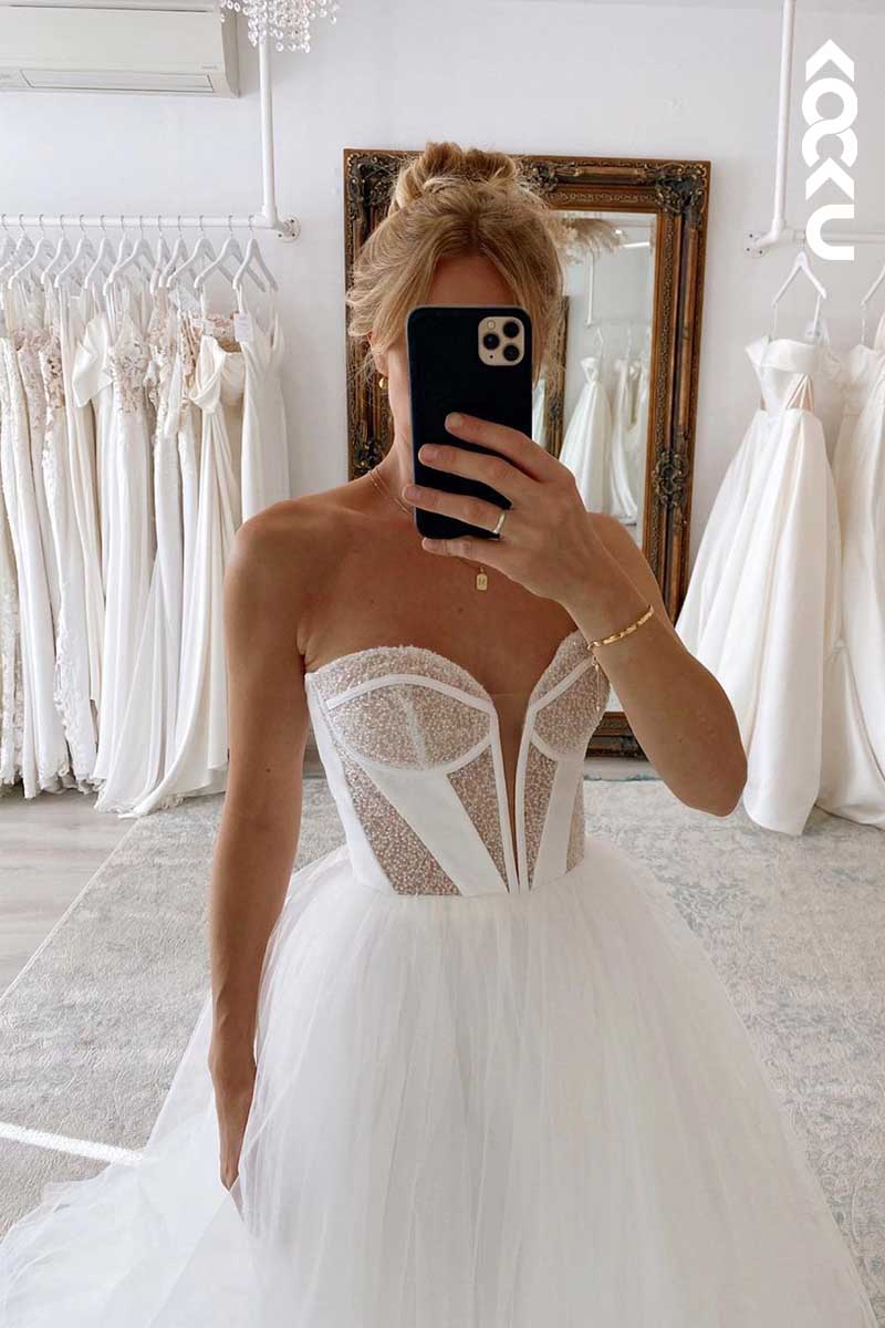 K1061 - Deep V-Neck Strapless Sparkly Tulle A-Line Wedding Dress