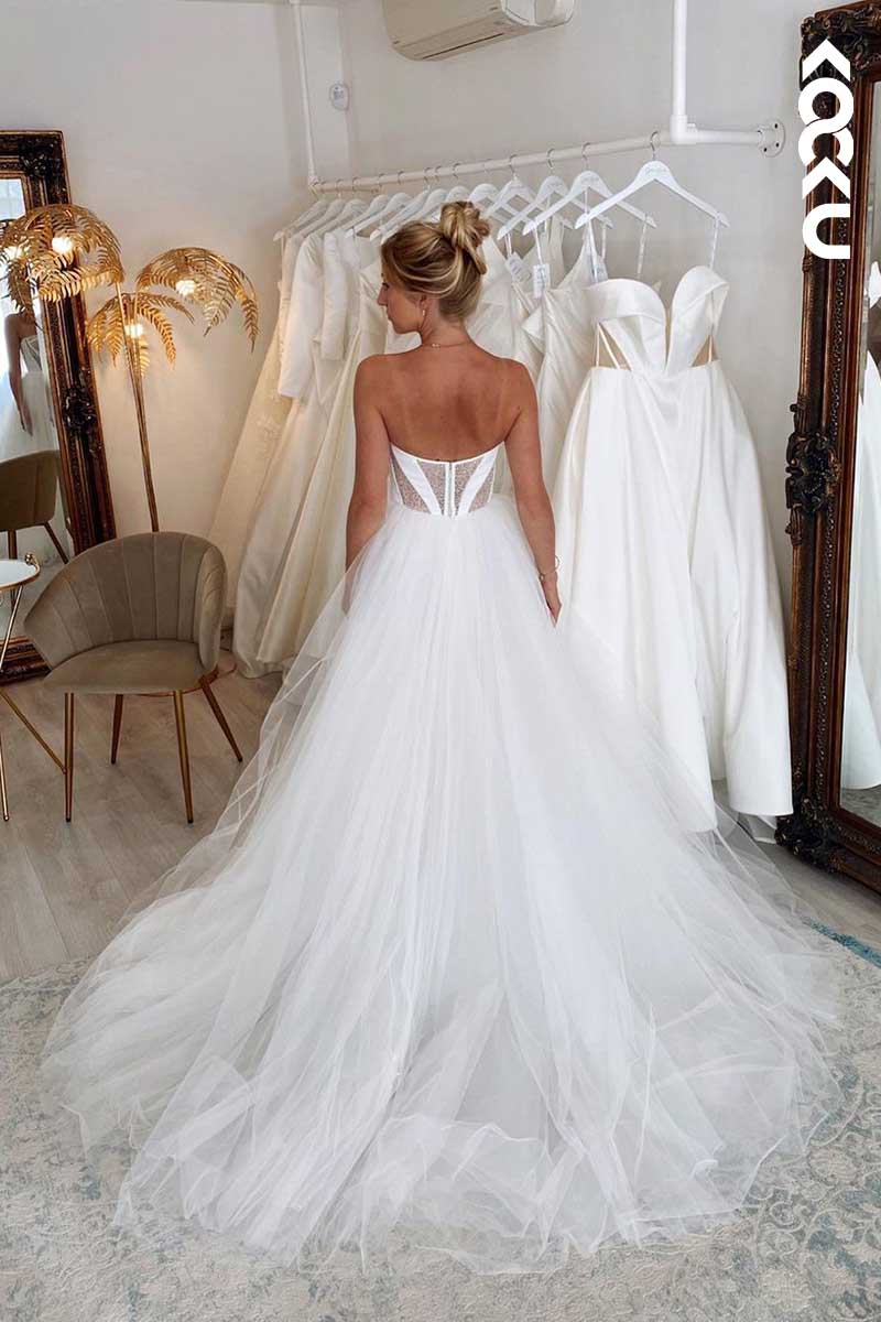 K1061 - Deep V-Neck Strapless Sparkly Tulle A-Line Wedding Dress