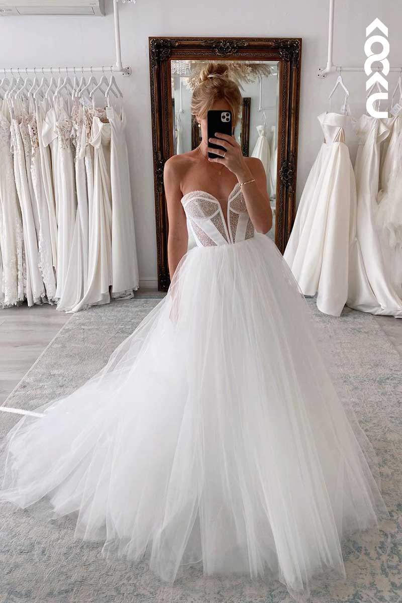 K1061 - Deep V-Neck Strapless Sparkly Tulle A-Line Wedding Dress