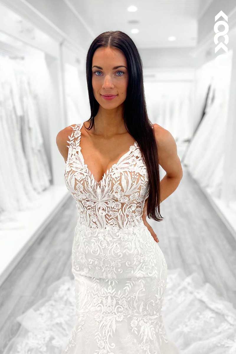 K1062 - V-Neck Spaghetti Straps Lace Appliqued Backless Mermaid Wedding Dress