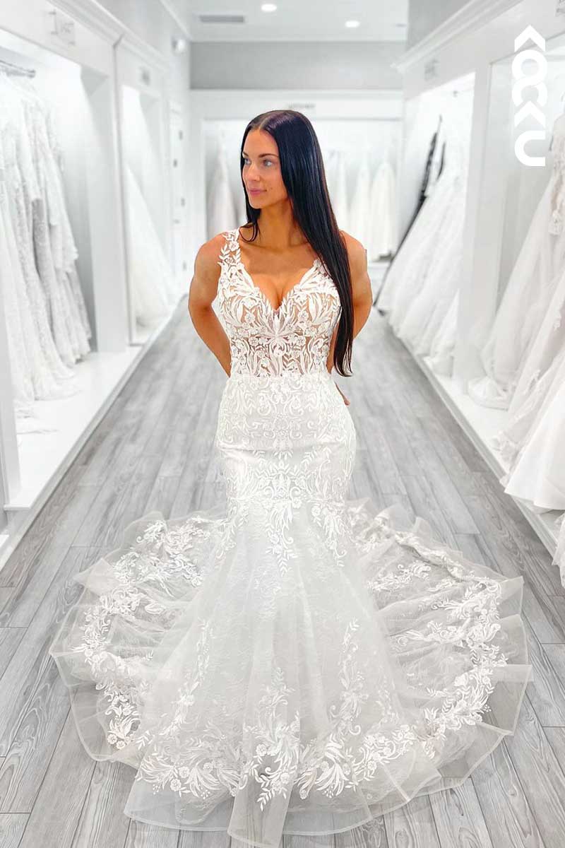 K1062 - V-Neck Spaghetti Straps Lace Appliqued Backless Mermaid Wedding Dress