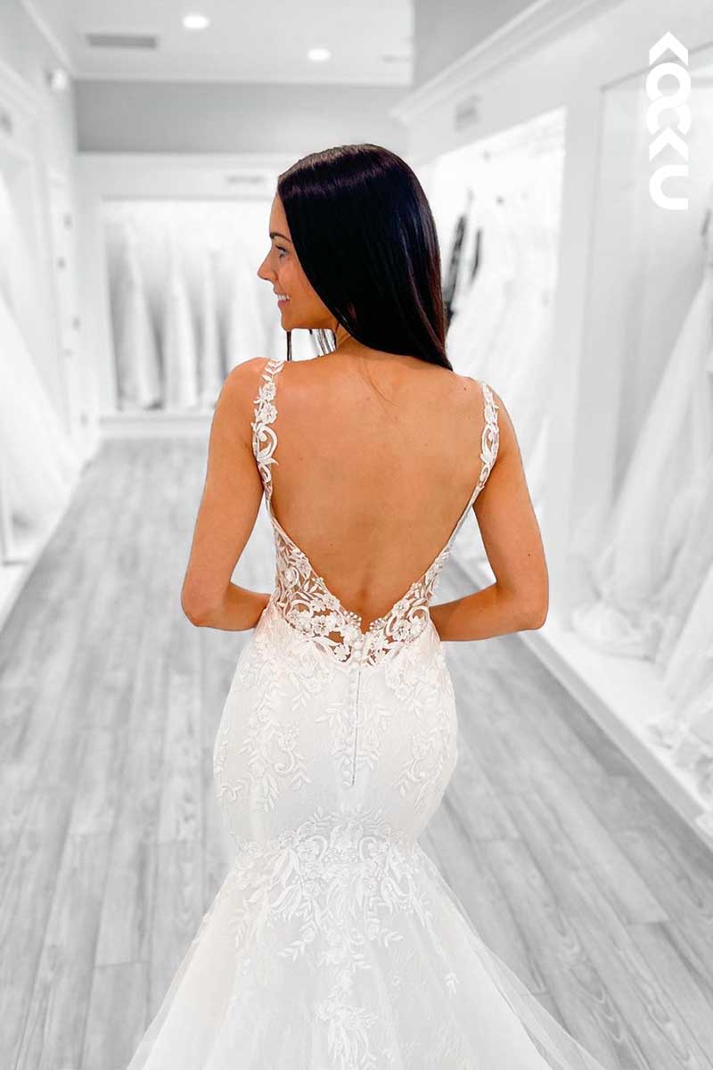 K1062 - V-Neck Spaghetti Straps Lace Appliqued Backless Mermaid Wedding Dress