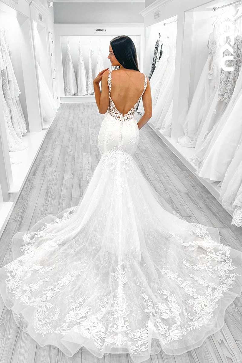 K1062 - V-Neck Spaghetti Straps Lace Appliqued Backless Mermaid Wedding Dress