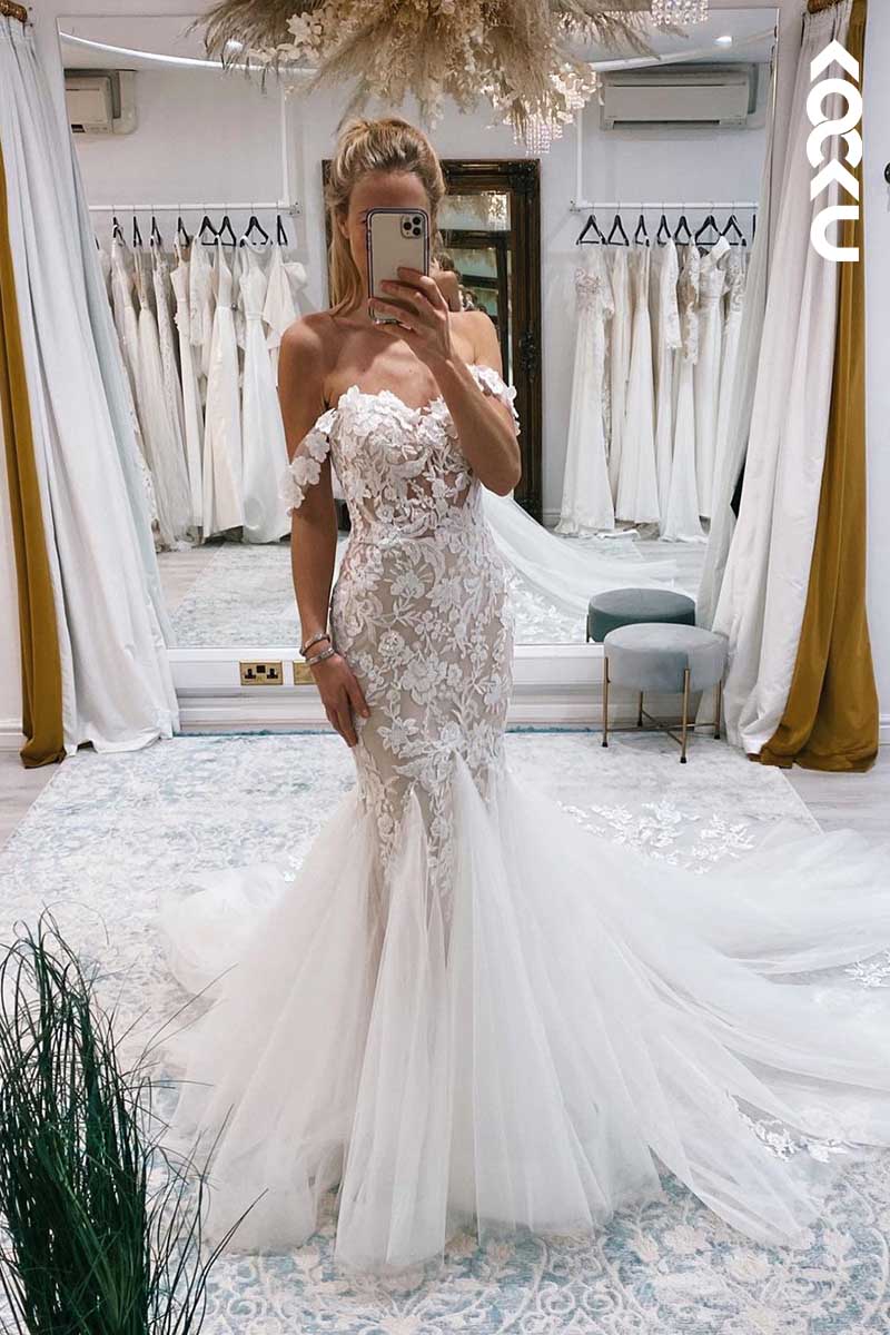 K1064 - Off-Shoulder Lace Appliqued Tulle Mermaid Long Wedding Dress