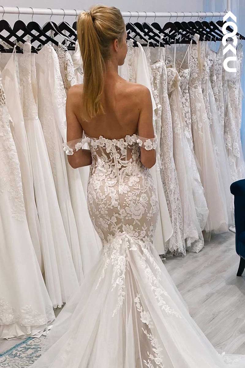 K1064 - Off-Shoulder Lace Appliqued Tulle Mermaid Long Wedding Dress