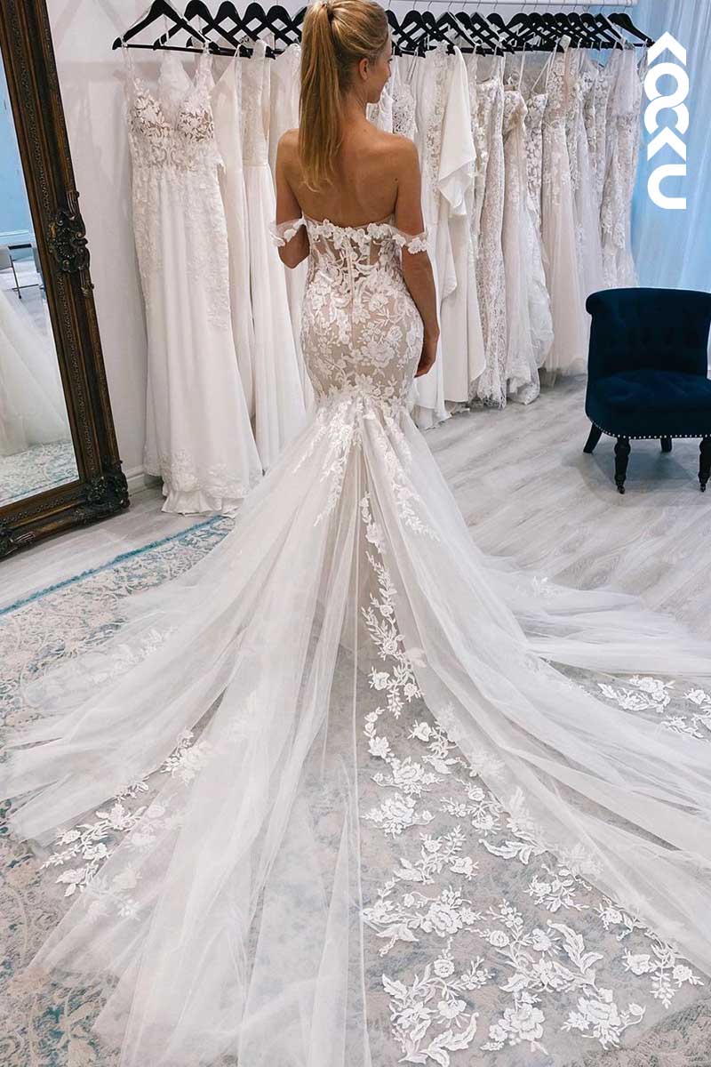 K1064 - Off-Shoulder Lace Appliqued Tulle Mermaid Long Wedding Dress