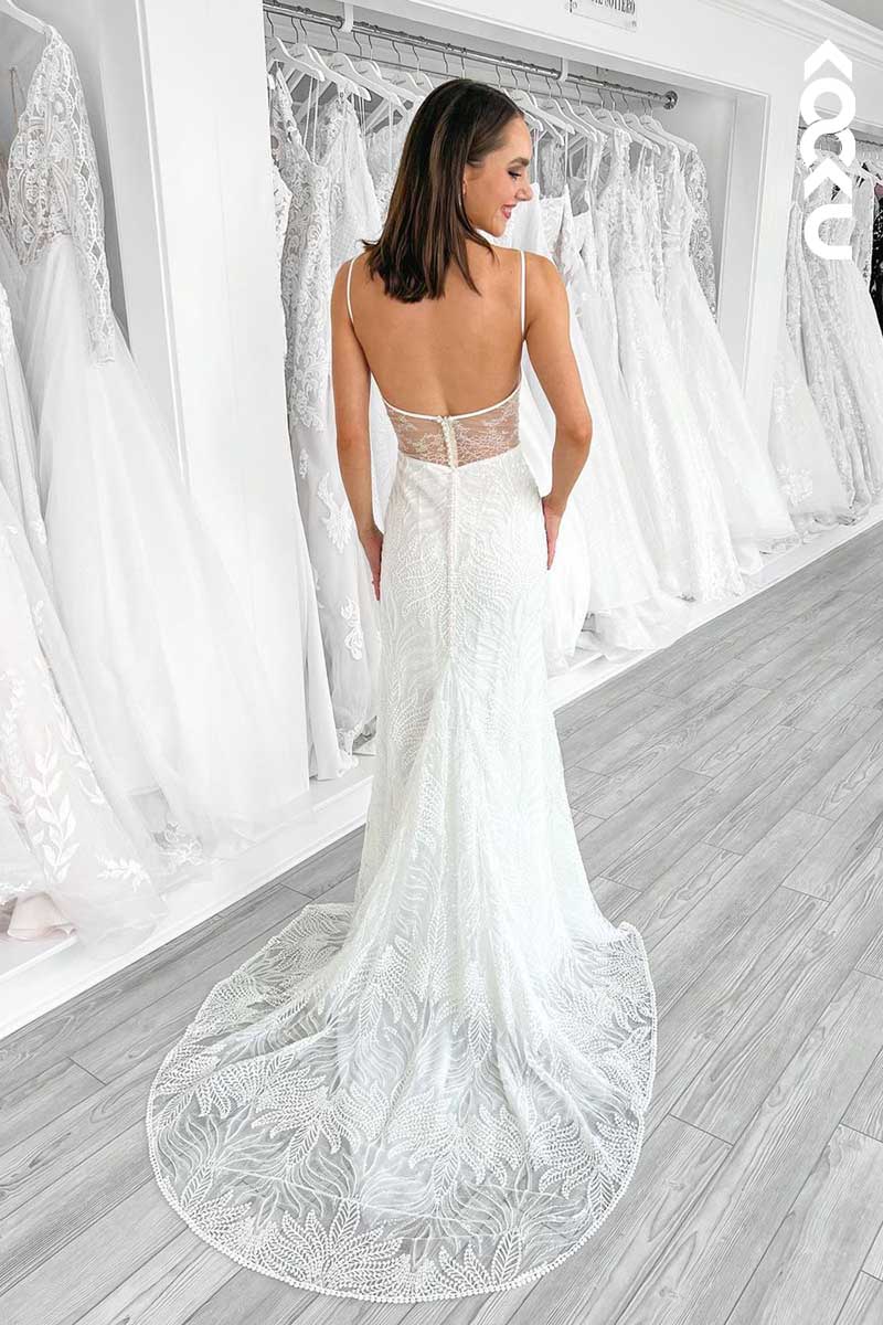 K1065 - Spaghetti Straps Cut Outs Backless Lace Sheath Wedding Dress