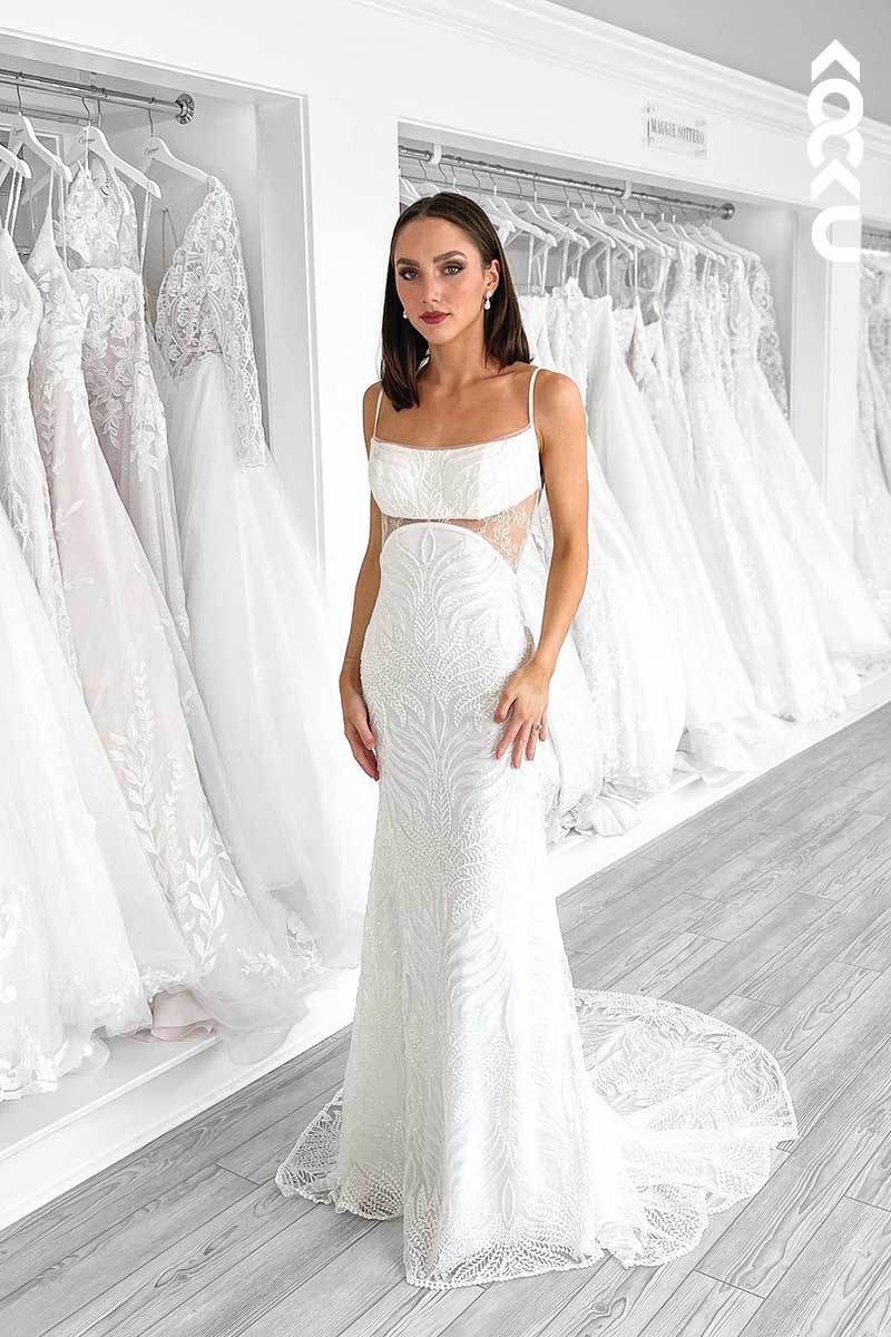 K1065 - Spaghetti Straps Cut Outs Backless Lace Sheath Wedding Dress