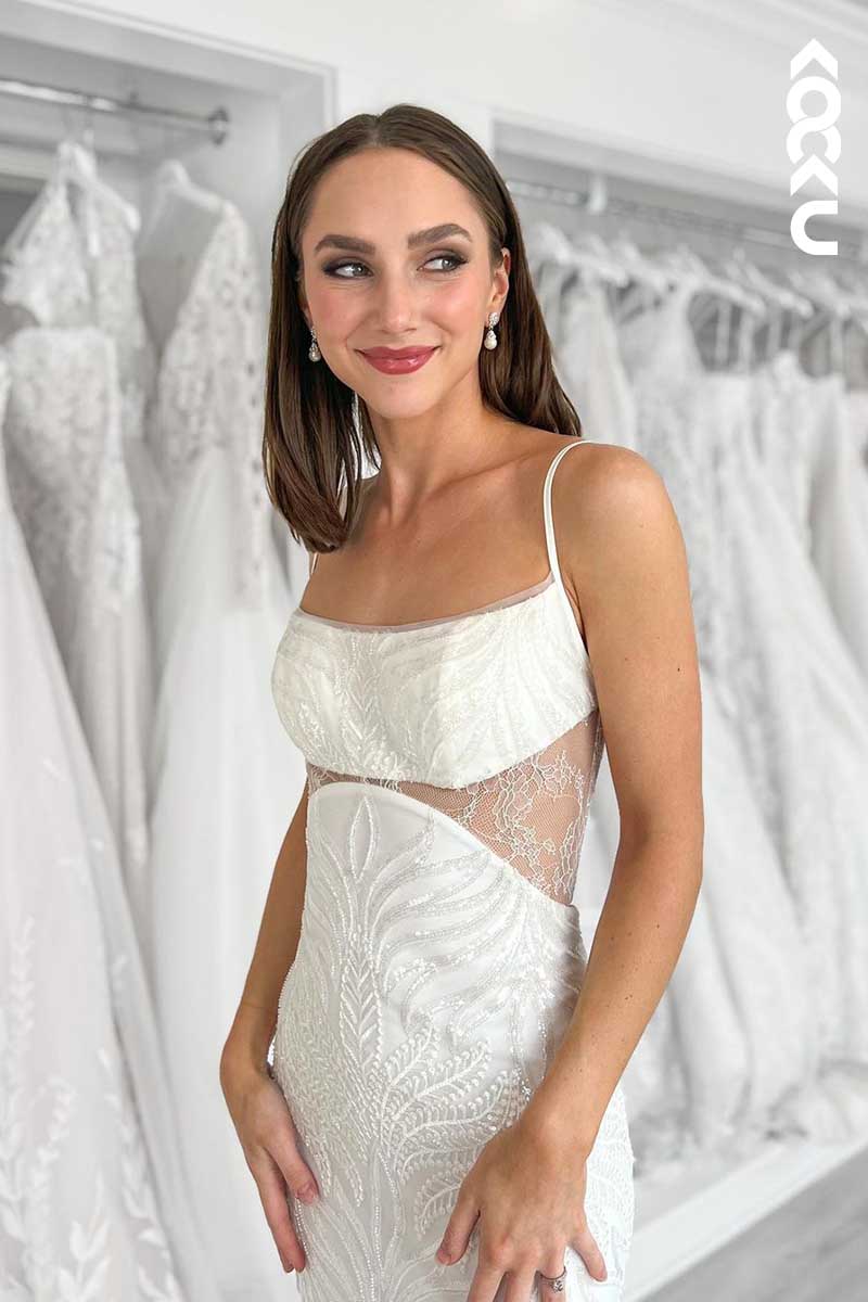 K1065 - Spaghetti Straps Cut Outs Backless Lace Sheath Wedding Dress