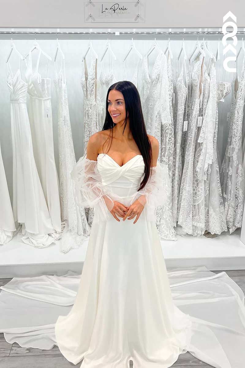 K1066 - Sweetheart Strapless Ruched Wedding Dress With Detachable Long Sleeves