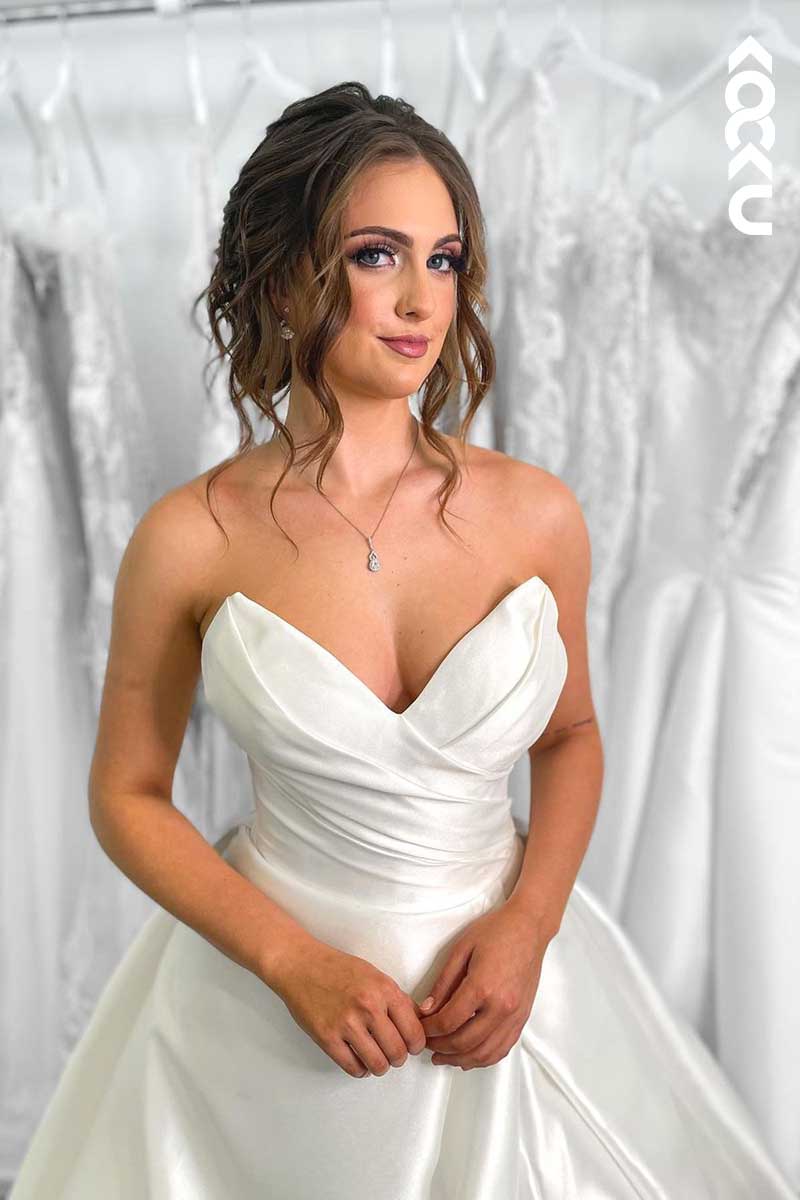 K1067 - V-Neck Strapless Sleeveless Ruched A-Line Long Wedding Dress