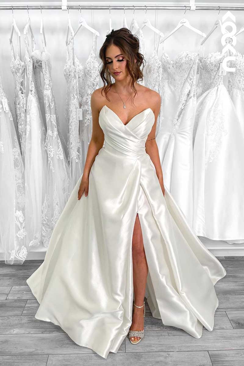 K1067 - V-Neck Strapless Sleeveless Ruched A-Line Long Wedding Dress