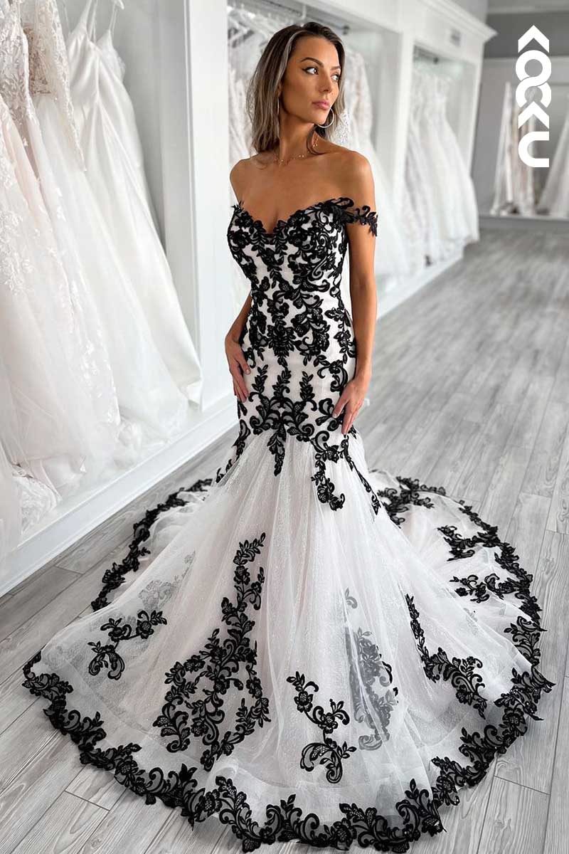 K1068 - Off-Shoulder Black Lace Appliqued Mermaid Long Wedding Dress