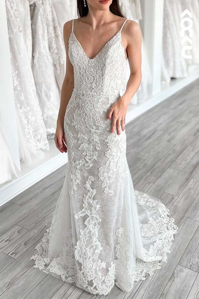 K1070 - V-Neck Spaghetti Straps Lace Appliqued Backless Wedding Dress