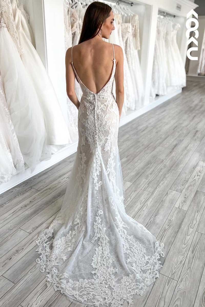 K1070 - V-Neck Spaghetti Straps Lace Appliqued Backless Wedding Dress