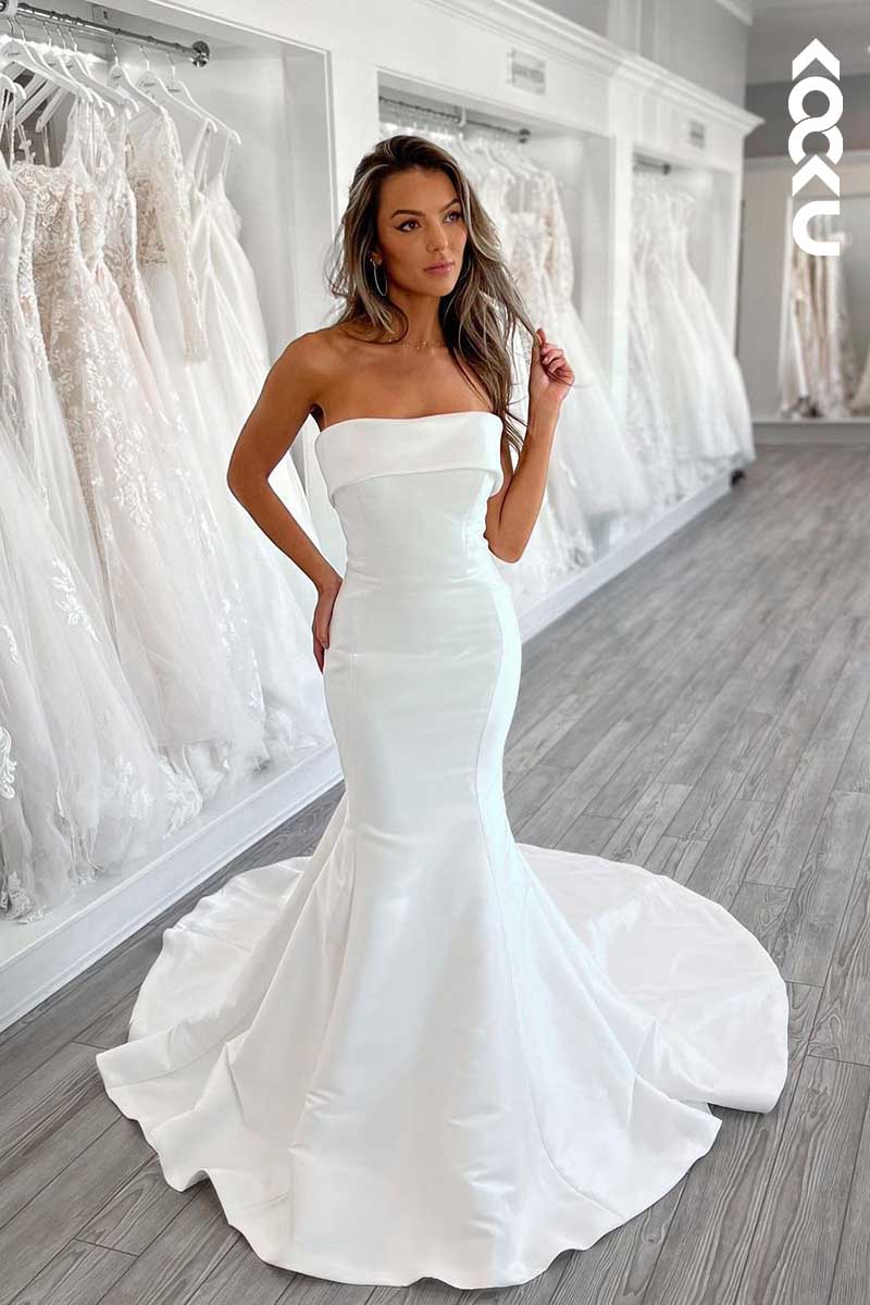 K1071 - Strapless White Satin Mermaid Long Wedding Dress With Sweep Train