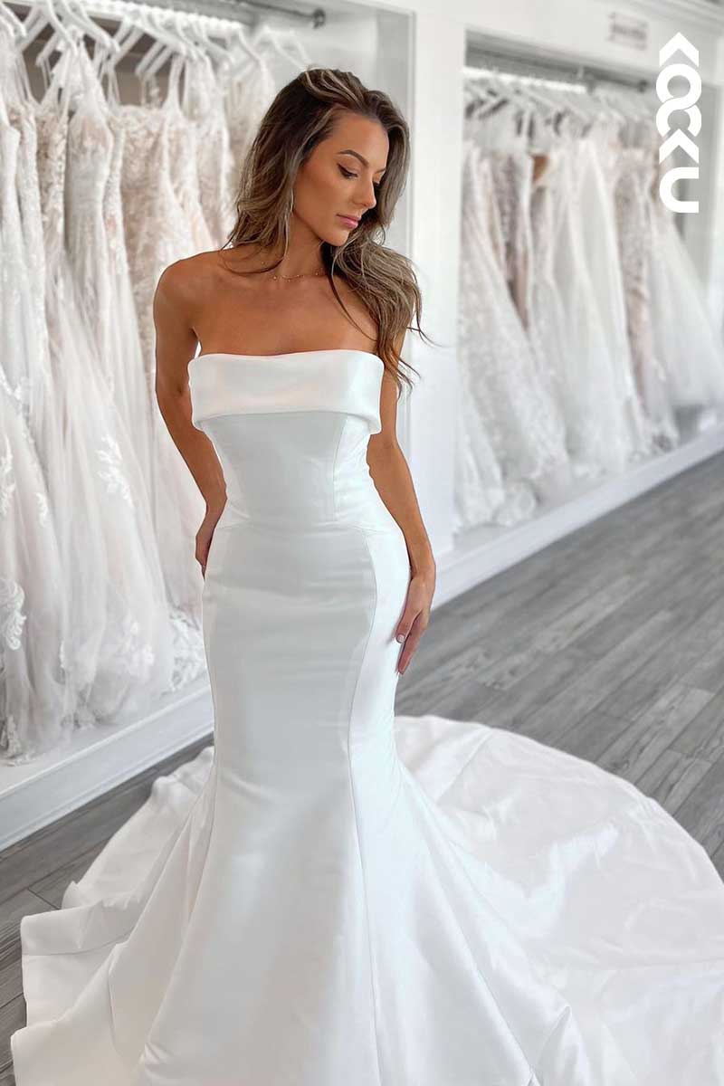 K1071 - Strapless White Satin Mermaid Long Wedding Dress With Sweep Train