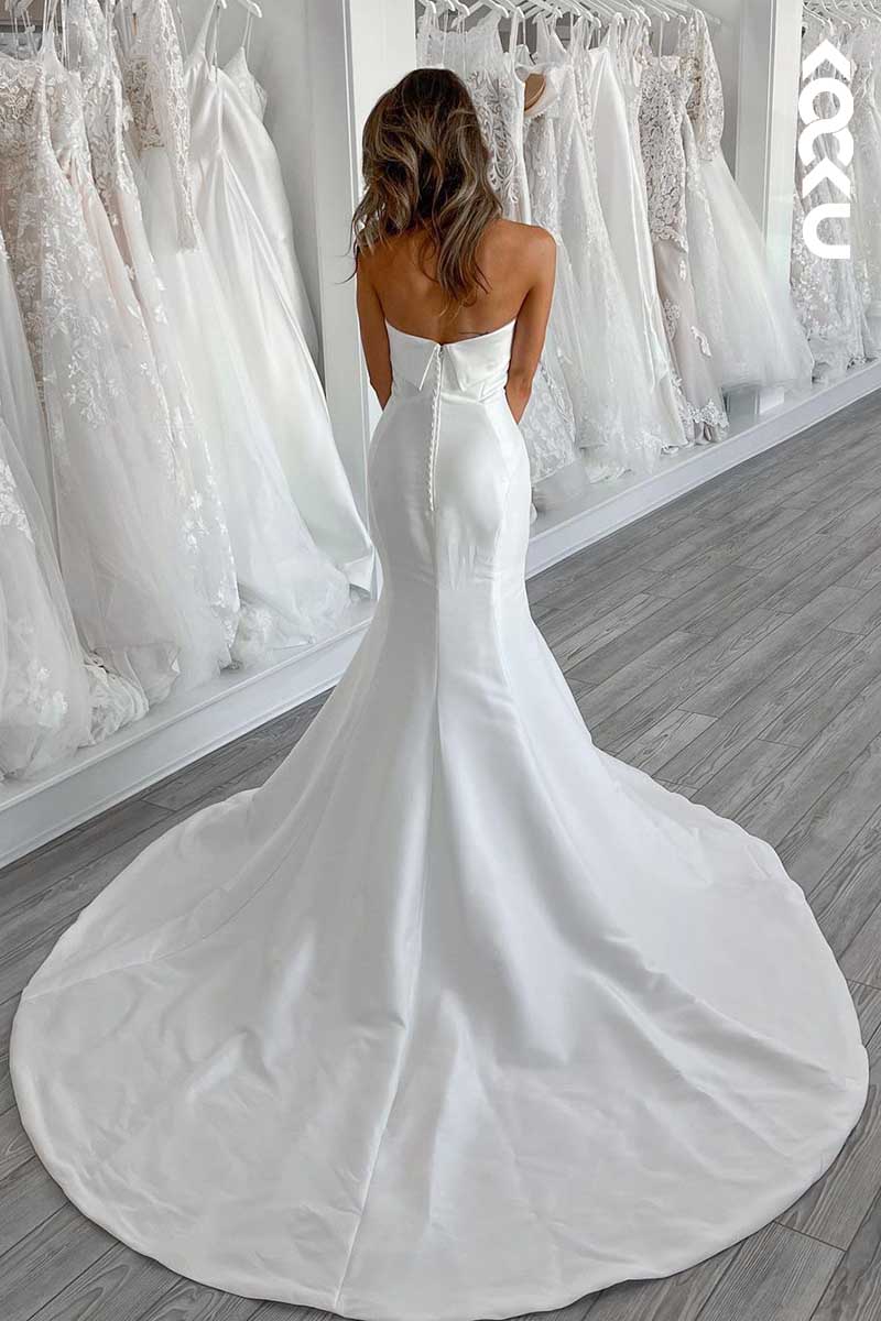 K1071 - Strapless White Satin Mermaid Long Wedding Dress With Sweep Train