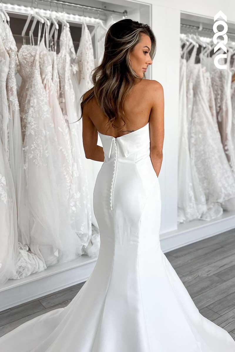 K1071 - Strapless White Satin Mermaid Long Wedding Dress With Sweep Train