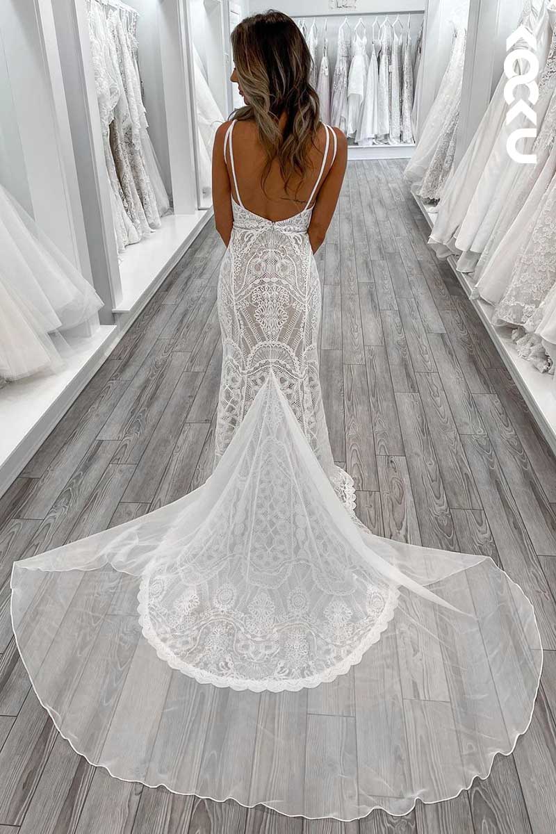 K1072 - Deep V-Neck Lace Sheer Sheath Long Wedding Dress With Sweep Train