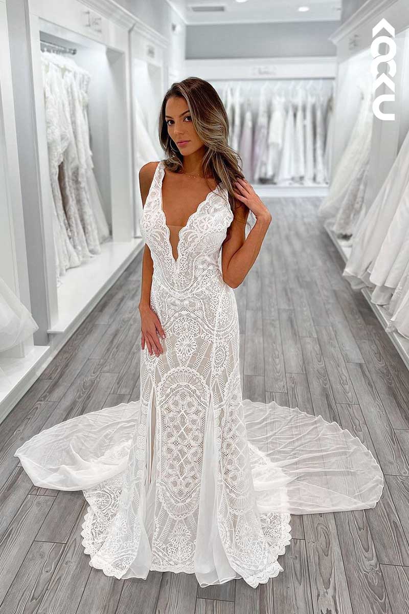 K1072 - Deep V-Neck Lace Sheer Sheath Long Wedding Dress With Sweep Train