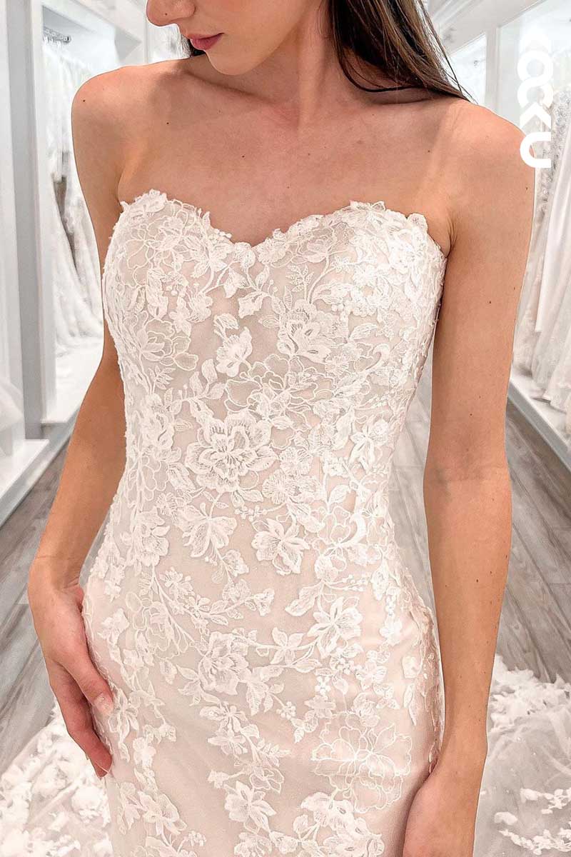 K1073 - Sweetheart Strapless Lace Appliqued Mermaid Long Wedding Dress