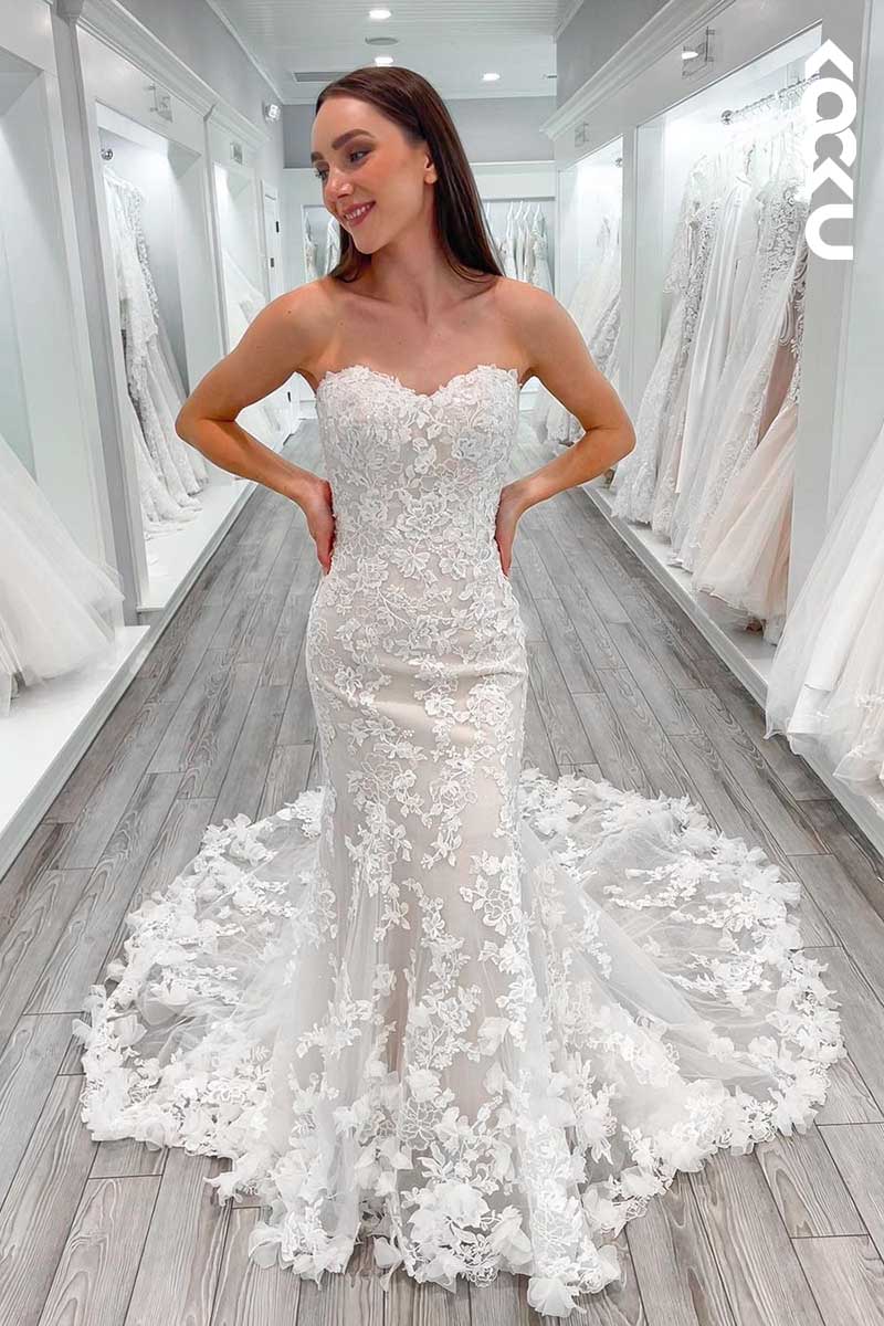 K1073 - Sweetheart Strapless Lace Appliqued Mermaid Long Wedding Dress